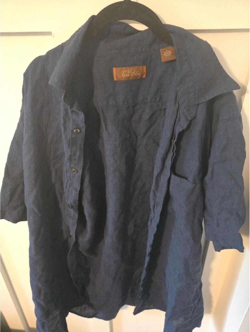 Tasso Elba Men's Navy Blue 100% Linen Short Sleeve Button-Down Shirt Size L